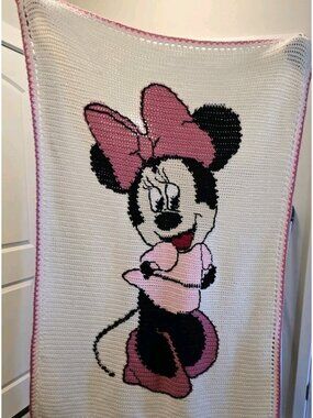 Handmade Crochet Minnie Mouse Baby Blanket 40x32 Pink White Disney Inspired